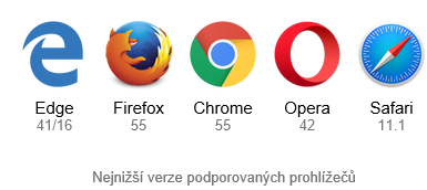 nejnižší verze podporované prohlížečů: Edge 41/16, Firefox 55, Chrome 55, Opera 42, Safari 11.1